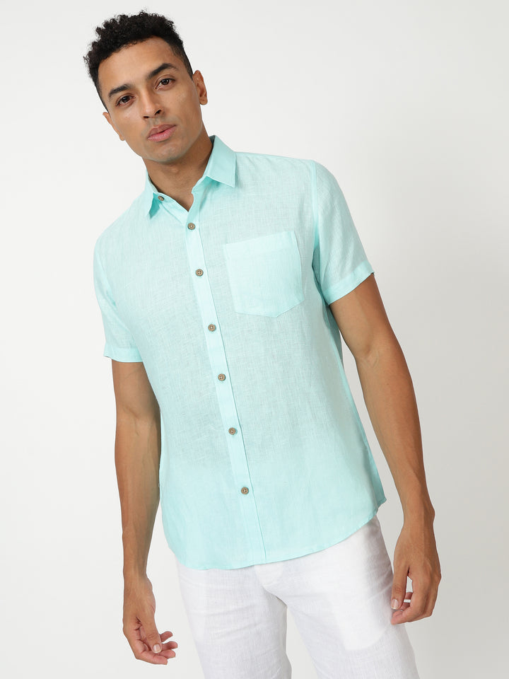 Harvey - Pure Linen Half Sleeve Shirt - Cyan Blue