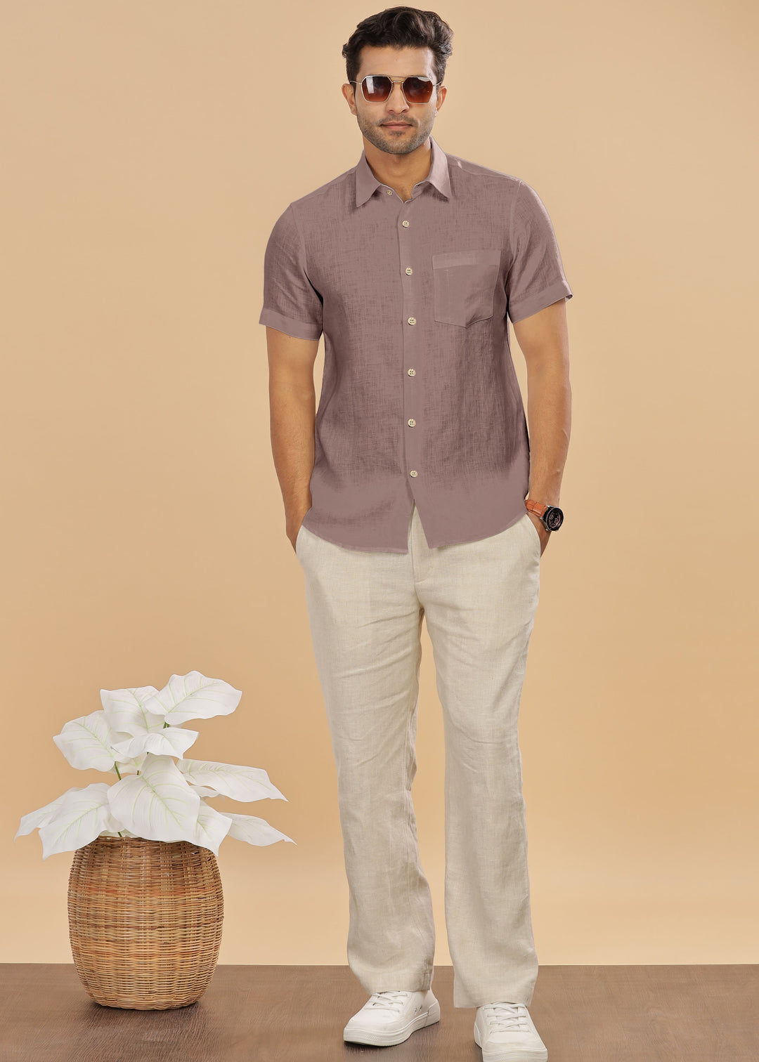 Ted - Pure Linen Half Sleeve Shirt - Toasted Brown