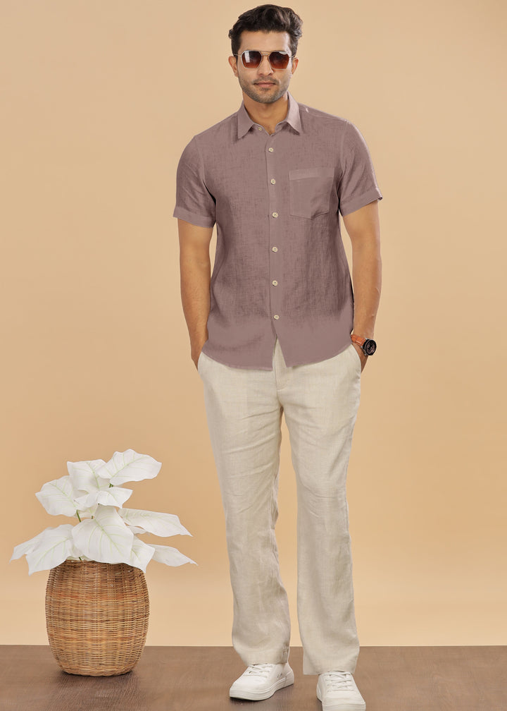 Ted - Pure Linen Half Sleeve Shirt - Toasted Brown