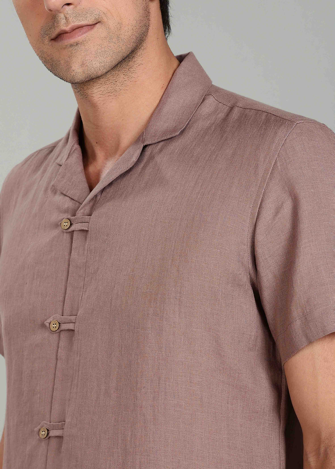 Troy Shirt - Pure Linen Shirt with Cuban Collar and Loop Buttons - Toasted Brown