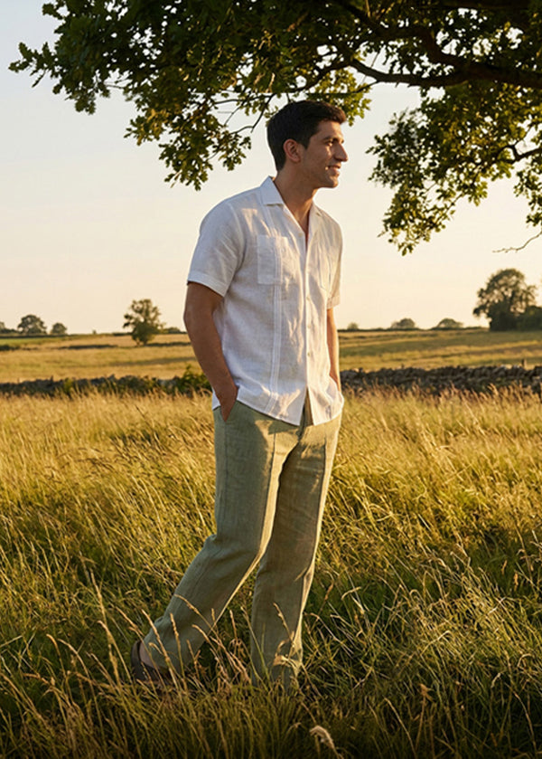 Urban Ease Linen Set - Oversized Half Sleeve Shirt White and Art Trousers Artichoke Green