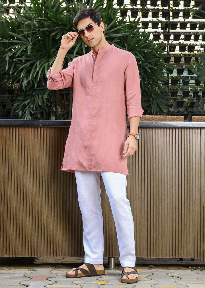 Sid Kurta - Pure Linen Kurta with Concealed Placket | Dusty Pink