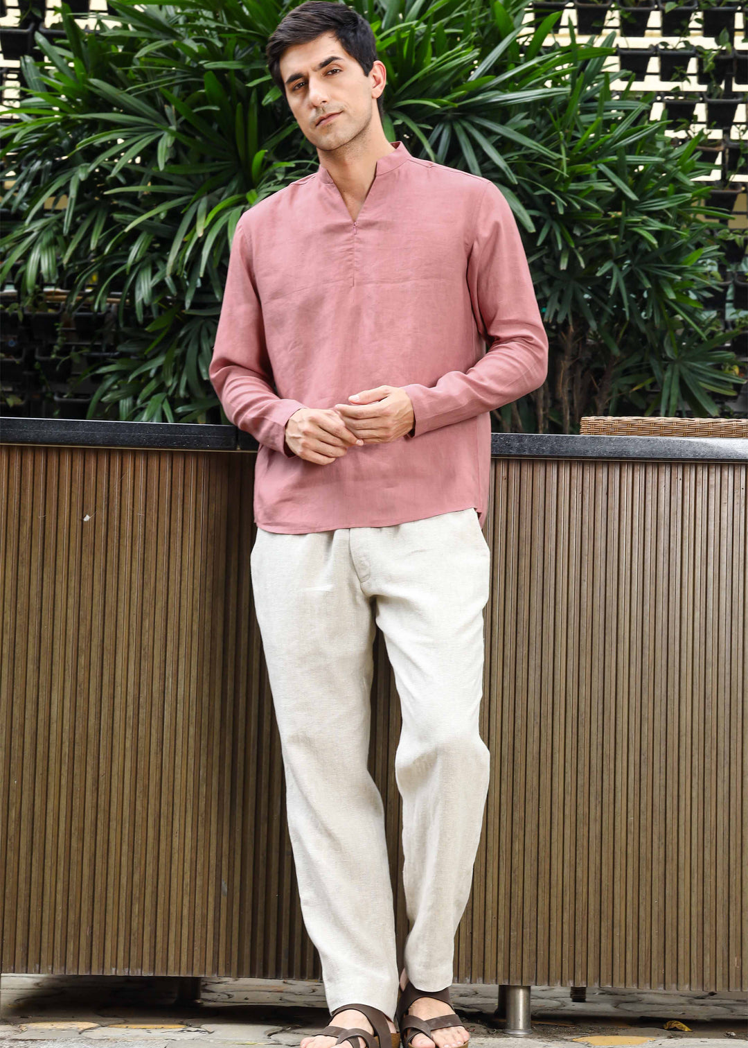 Arnav - Full Sleeve Broad-Notched Collar Pure Linen Short Kurta - Dusty Pink