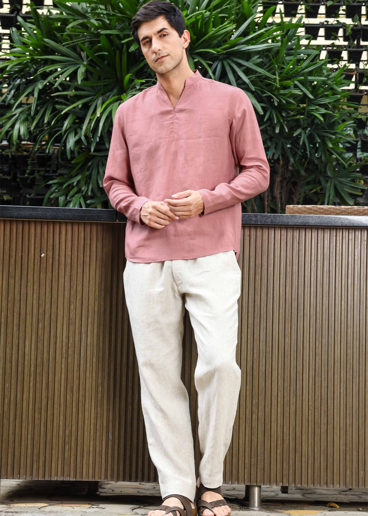 Arnav - Full Sleeve Broad-Notched Collar Pure Linen Short Kurta - Dusty Pink
