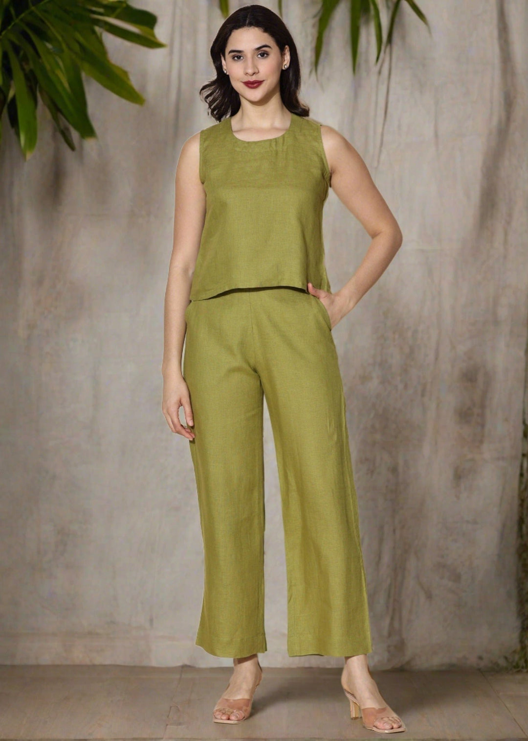 Mae - Pure Linen Sleeveless Co-ord Set - Sap Green