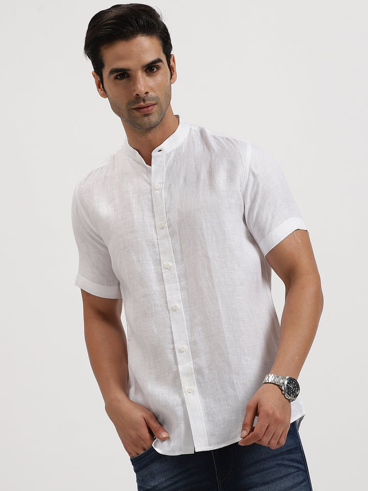 Ronan - Pure Linen Mandarin Collar Half Sleeve Shirt - White