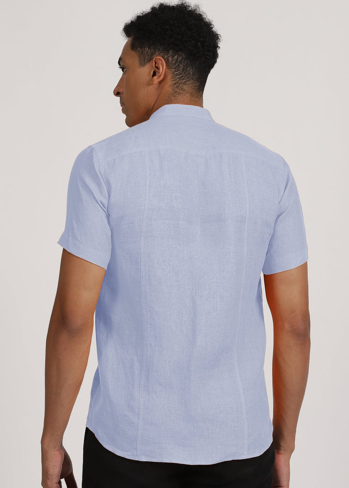 Trevor - Pure Linen Mandarin Collar Half Sleeve Shirt - Periwinkle Blue