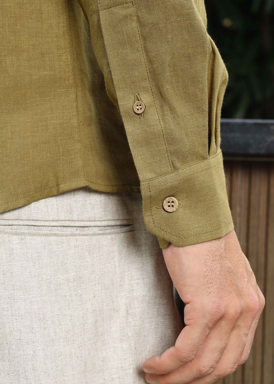 Trevor - Half Placket Pure Linen Full Sleeve Shirt - Golden Olive Green