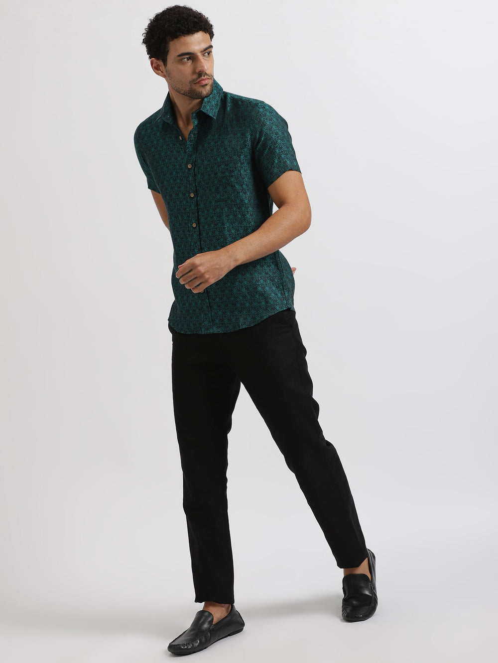 Abel - Pure Linen Floral Jacquard Half Sleeve Shirt - Peacock Green | Rescue