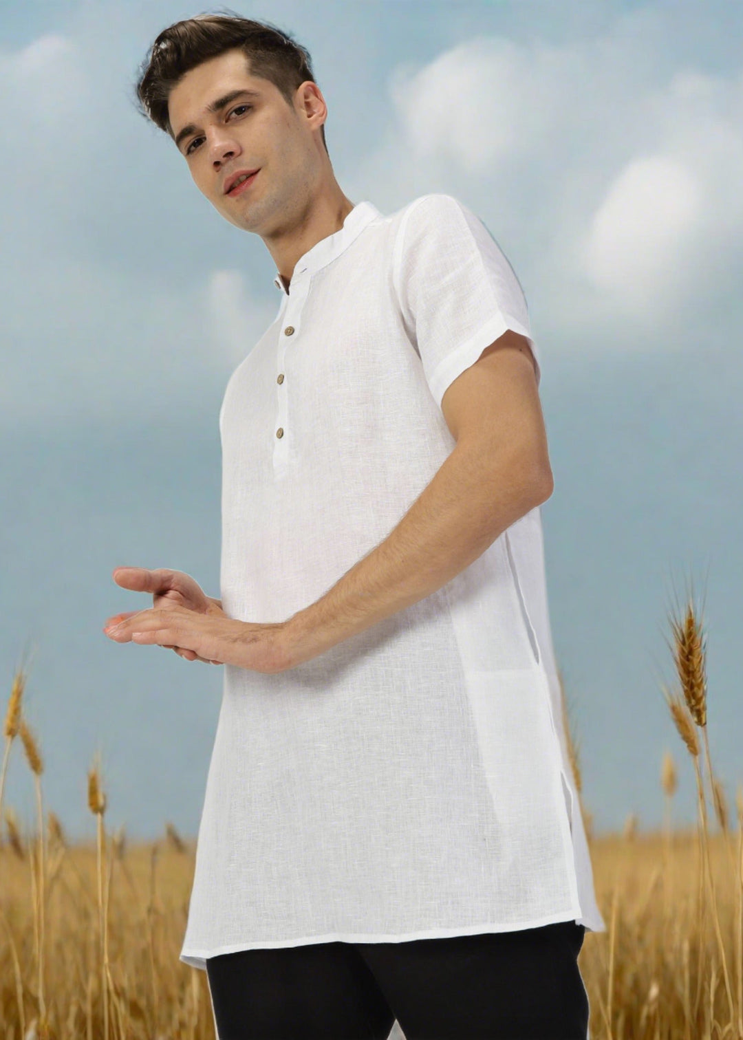 Ashok - Half Sleeve Mandarin Collar Pure Linen Short Kurta - White