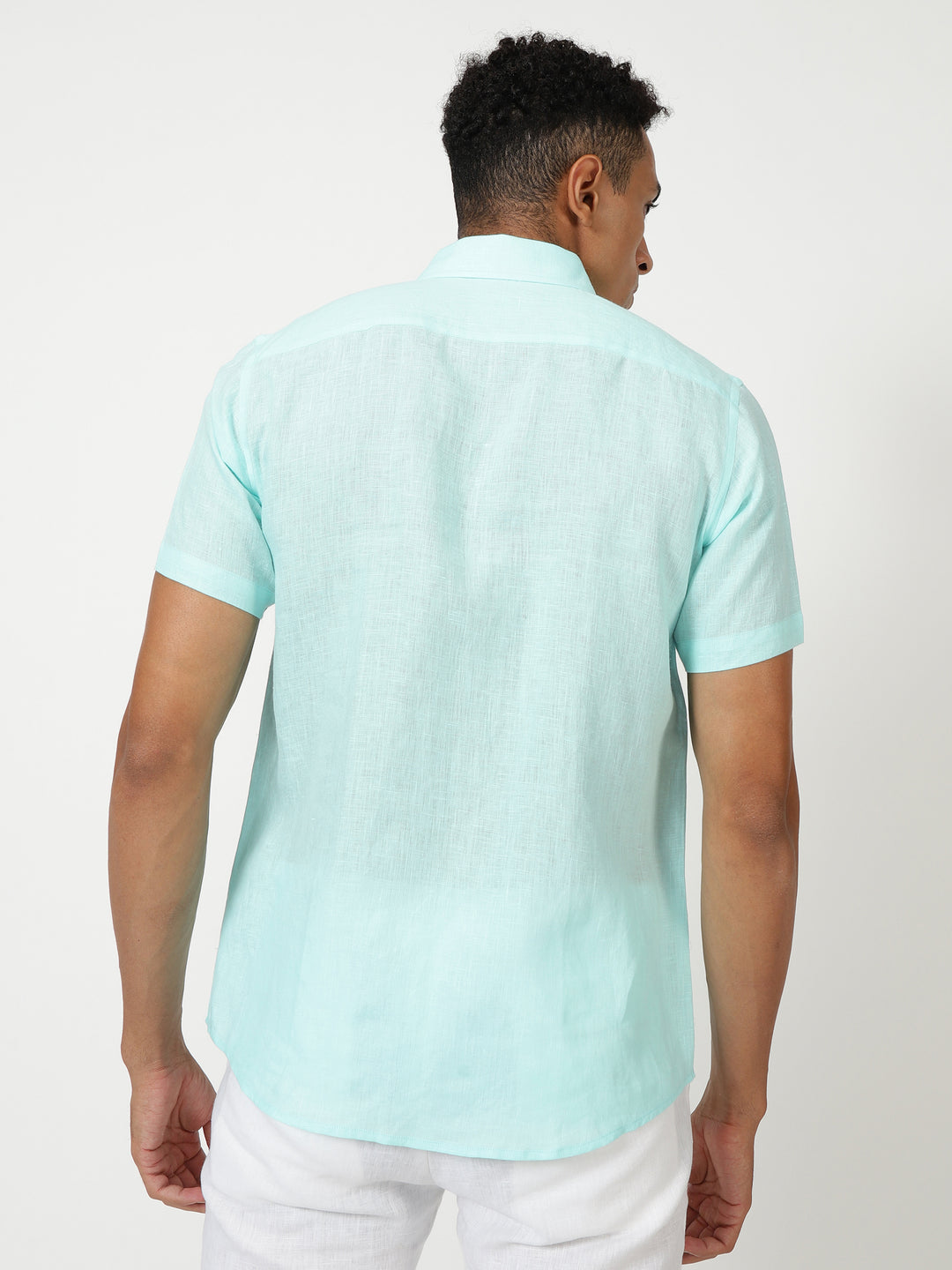 Harvey - Pure Linen Half Sleeve Shirt - Cyan Blue