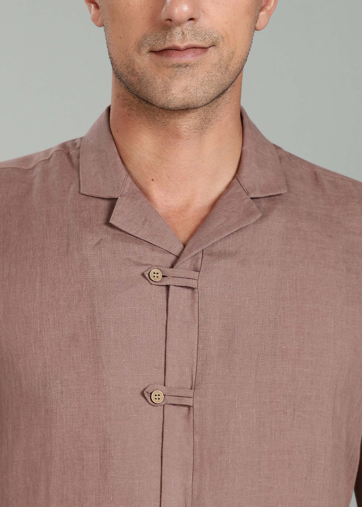 Troy Shirt - Pure Linen Shirt with Cuban Collar and Loop Buttons - Toasted Brown