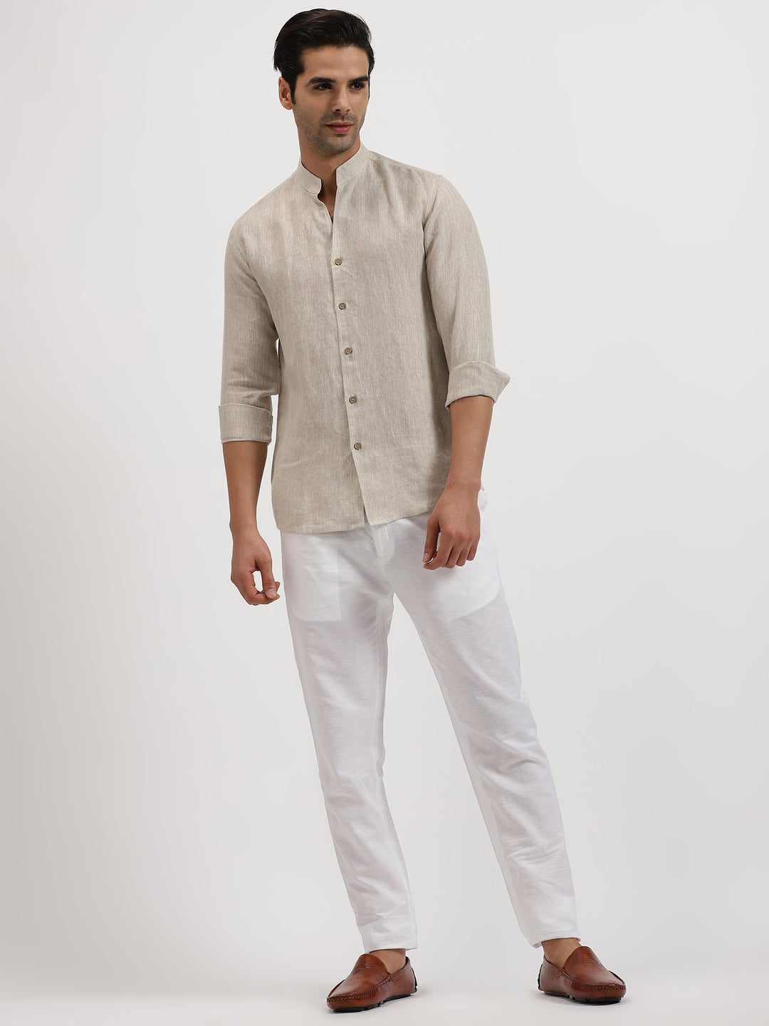 Craig - Pure Linen V Neck Full Sleeve Shirt - Ecru