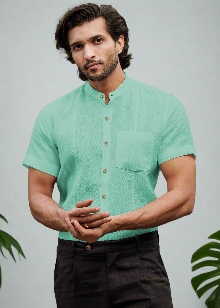 Trevor - Pure Linen Mandarin Collar Half Sleeve Shirt - Glacier Green