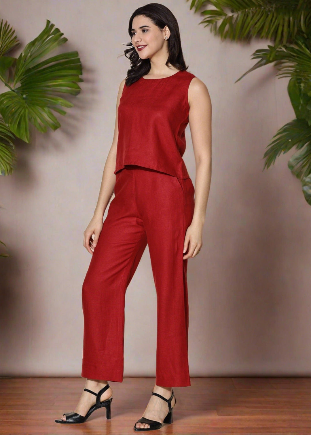 Mae - Pure Linen Sleeveless Co-ord Set - Mud Red