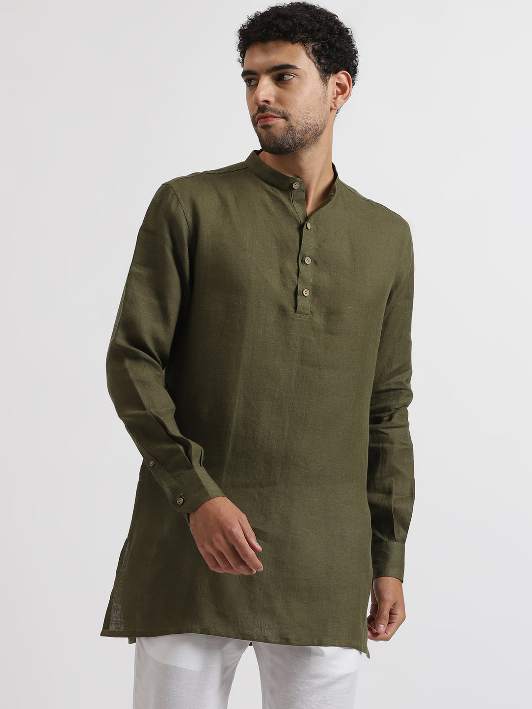 Parker - Full Sleeve Mandarin Collar Pure Linen Short Kurta - Moss Green