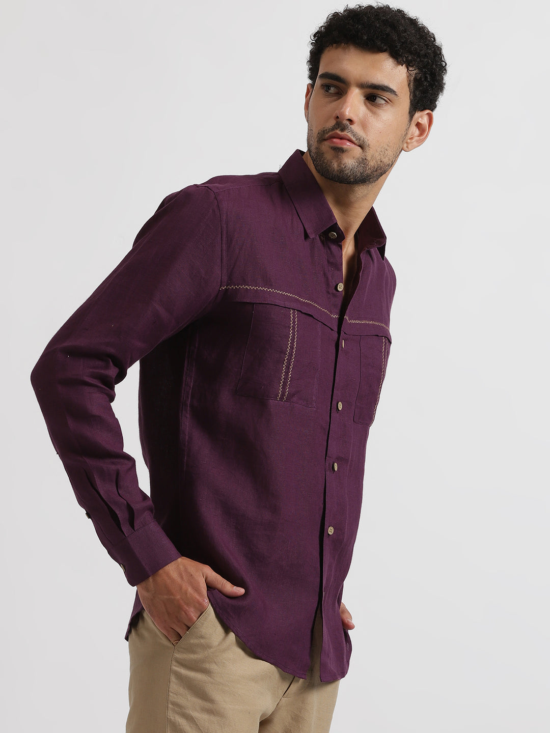 Xander - Pure Linen Double Pocket Embroidered Full Sleeve Shirt - Dark Purple