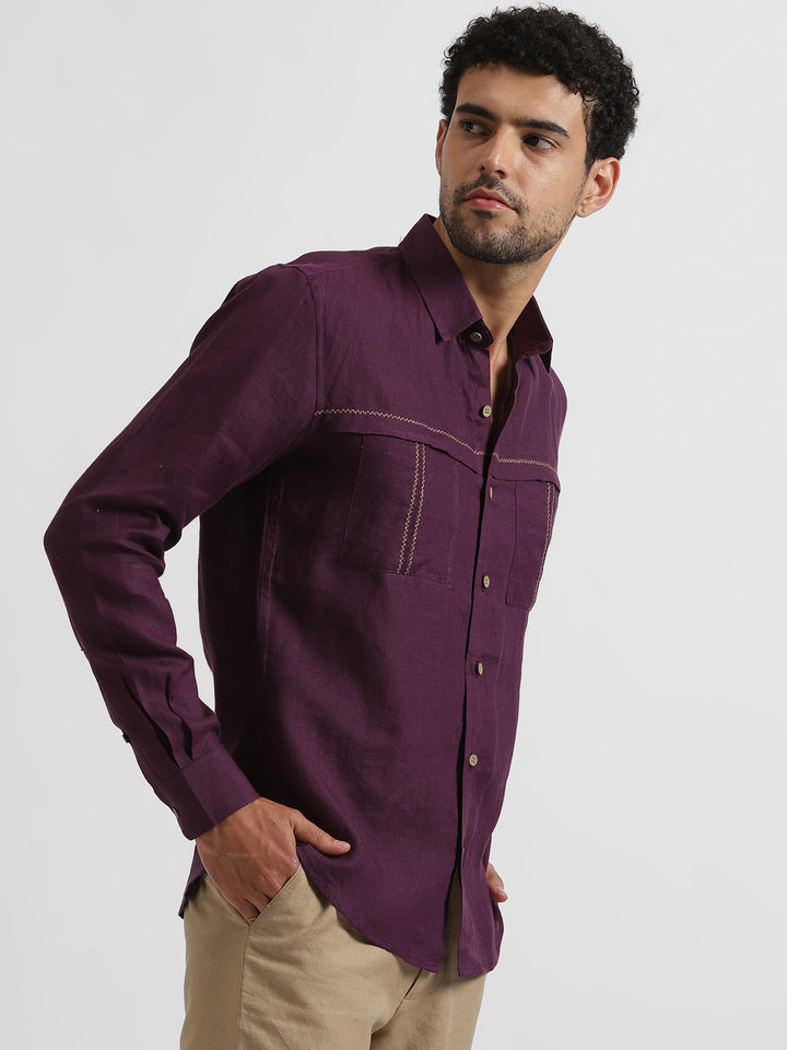 Xander - Pure Linen Double Pocket Embroidered Full Sleeve Shirt - Dark Purple