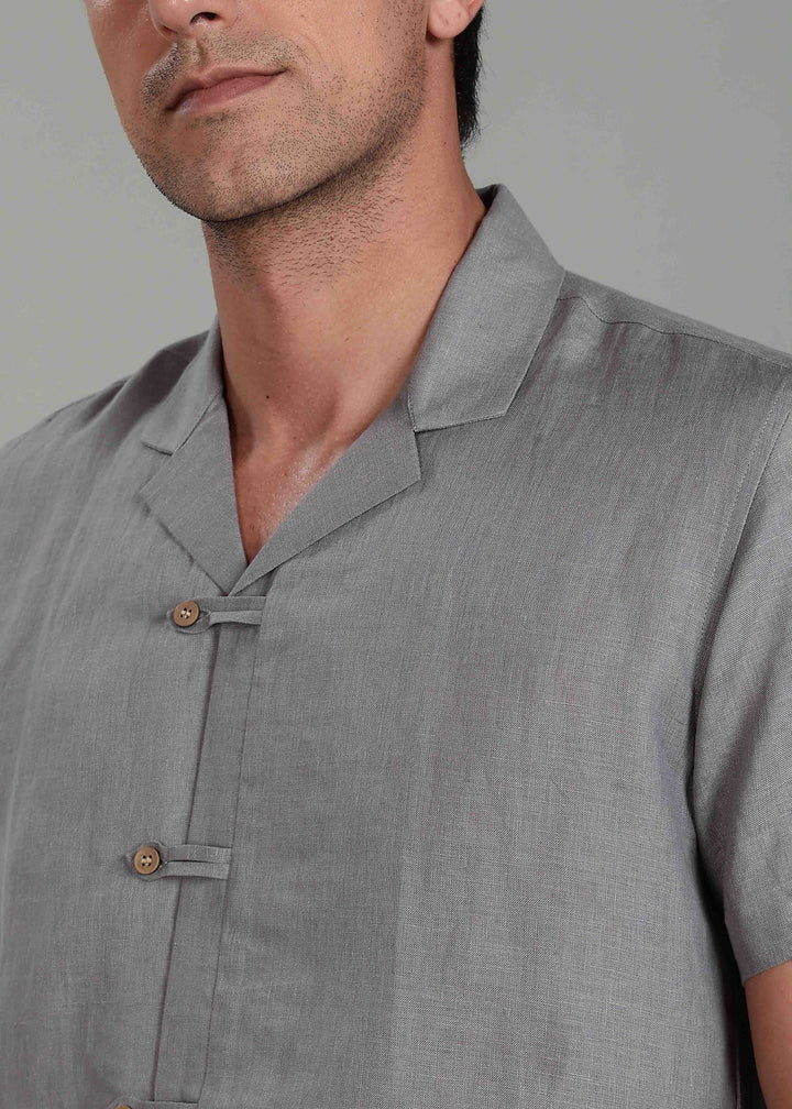 Troy Shirt - Pure Linen Shirt with Cuban Collar and Loop Buttons - Slate Grey