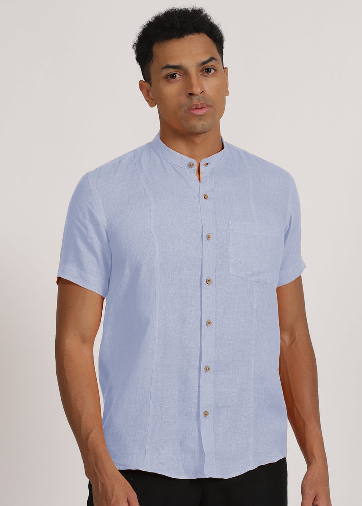 Trevor - Pure Linen Mandarin Collar Half Sleeve Shirt - Periwinkle Blue