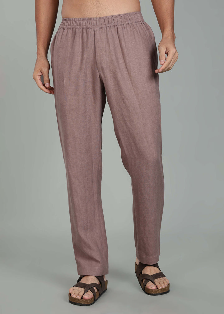 Ivo -  Pure Linen Casual Relaxed Elastic Pants - Muted Brown