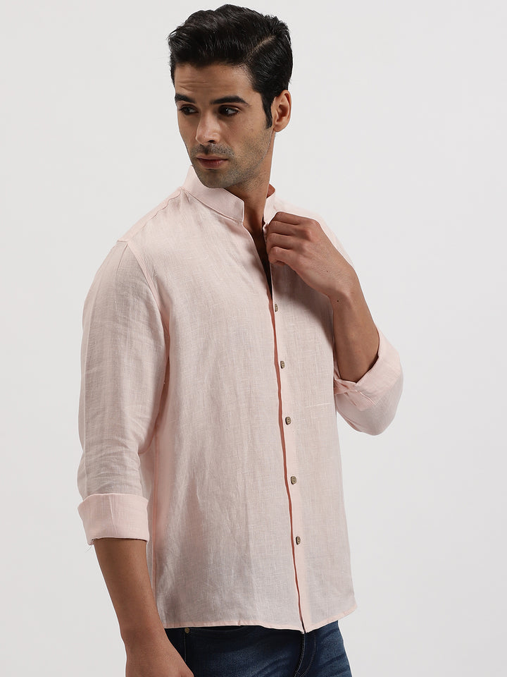 Craig - Pure Linen V Neck Full Sleeve Shirt - Light Pink
