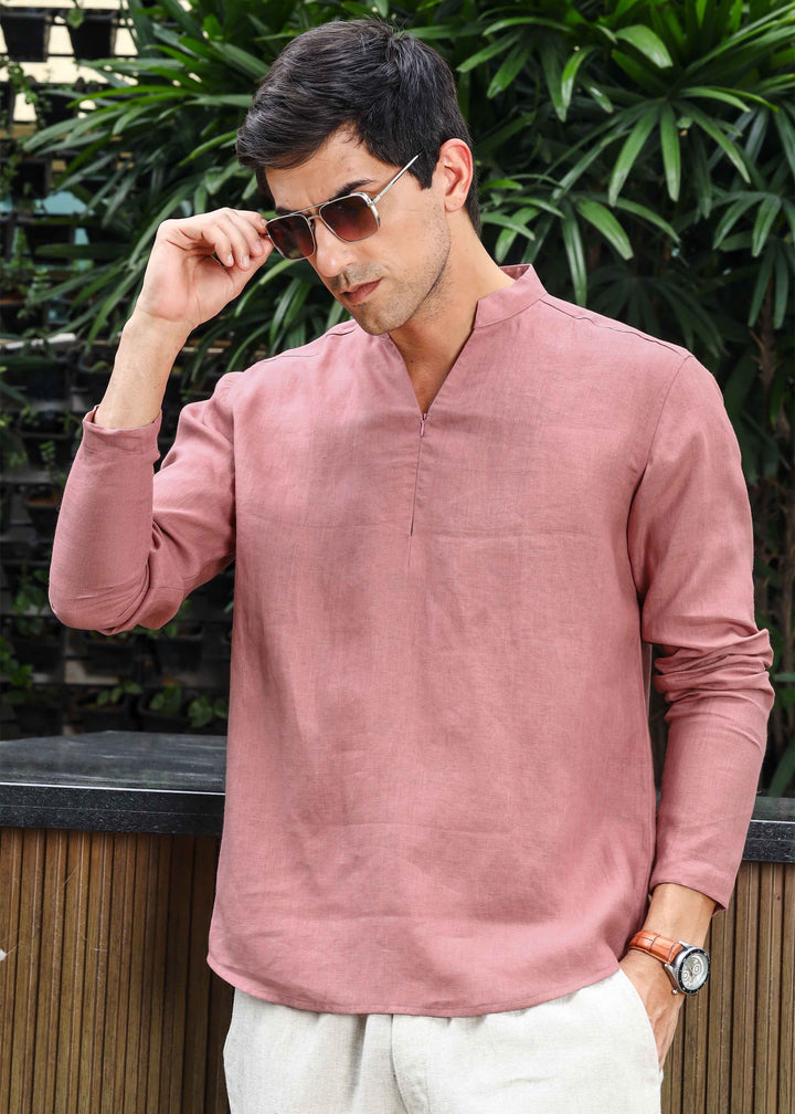 Arnav - Full Sleeve Broad-Notched Collar Pure Linen Short Kurta - Dusty Pink