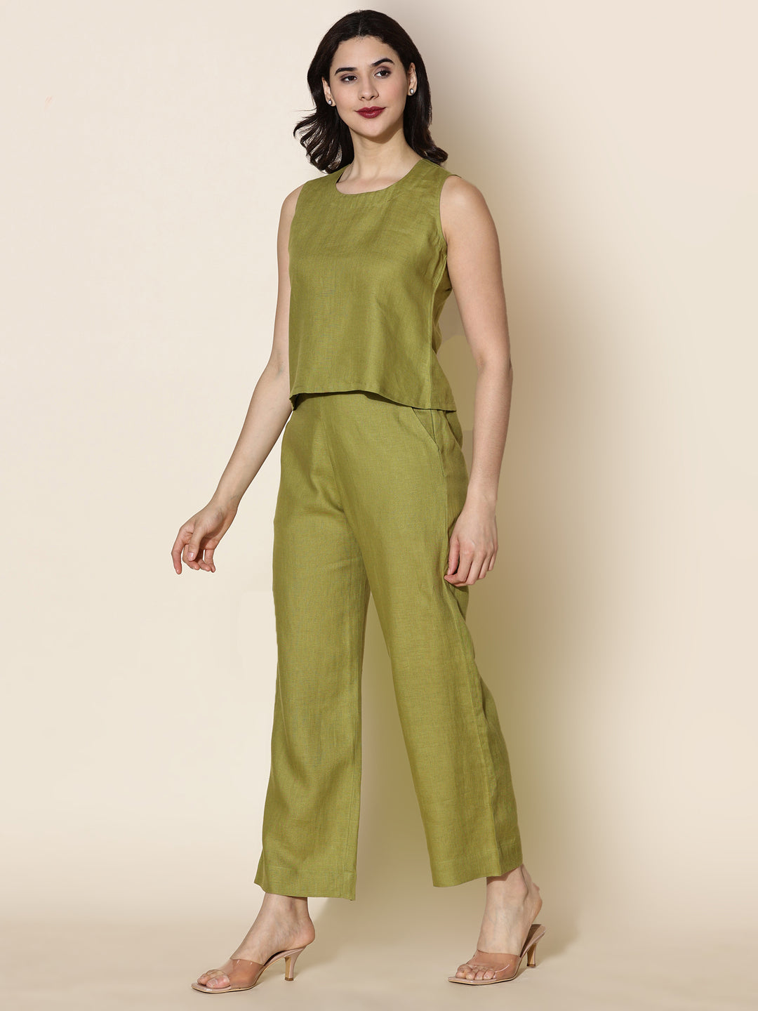 Mae - Pure Linen Sleeveless Co-ord Set - Sap Green