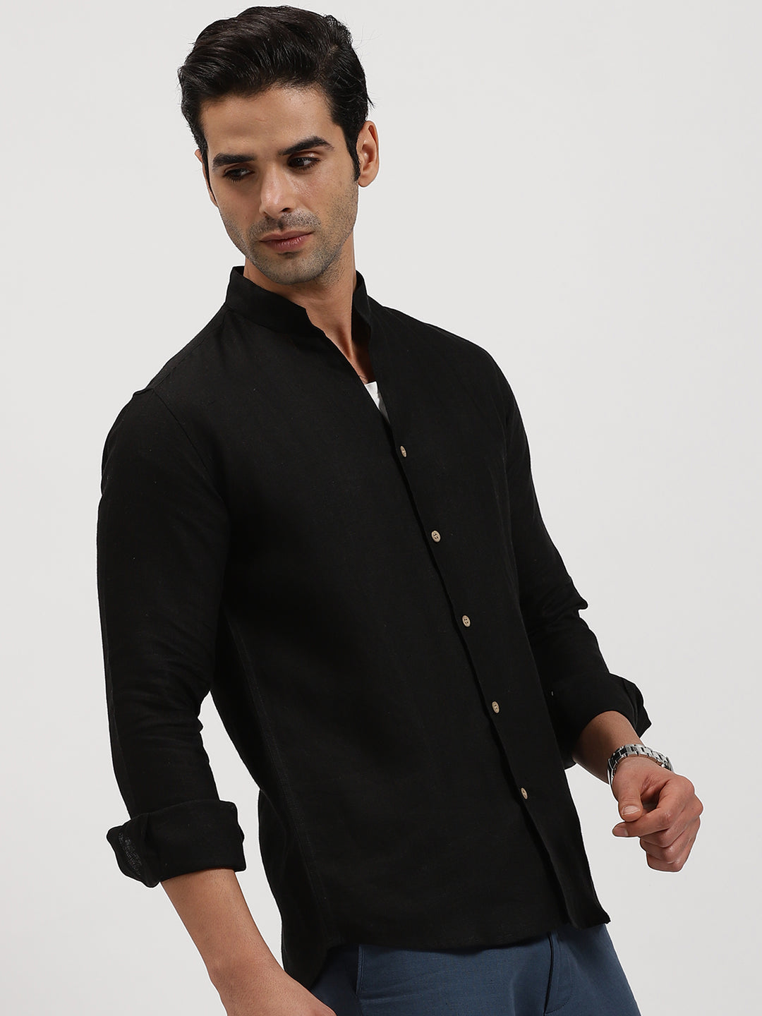 Craig - Pure Linen V Neck Full Sleeve Shirt - Black