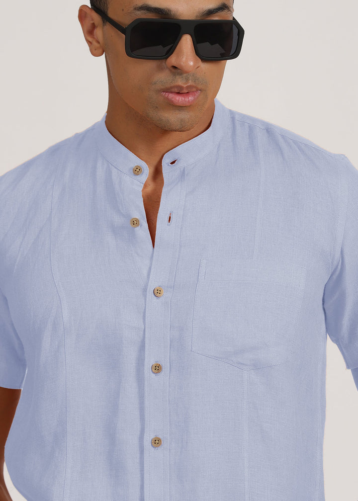 Trevor - Pure Linen Mandarin Collar Half Sleeve Shirt - Periwinkle Blue