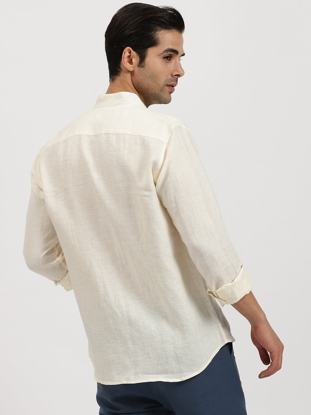 Craig - Pure Linen V Neck Full Sleeve Shirt - Ivory