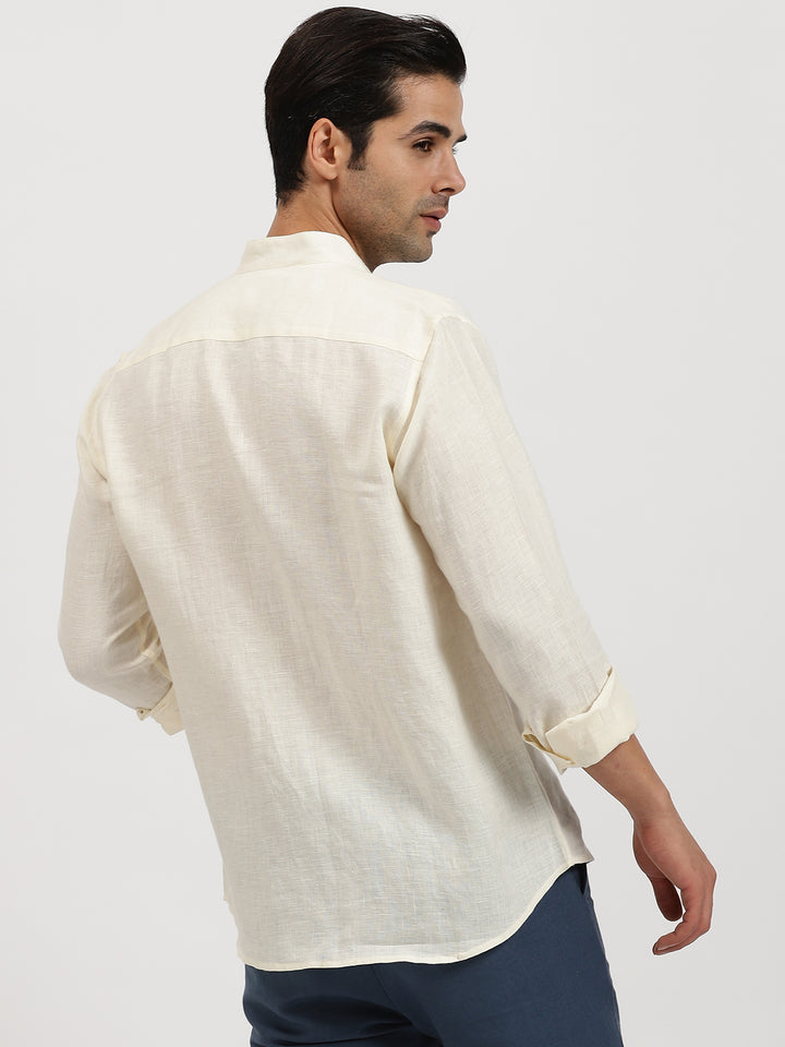 Craig - Pure Linen V Neck Full Sleeve Shirt - Ivory