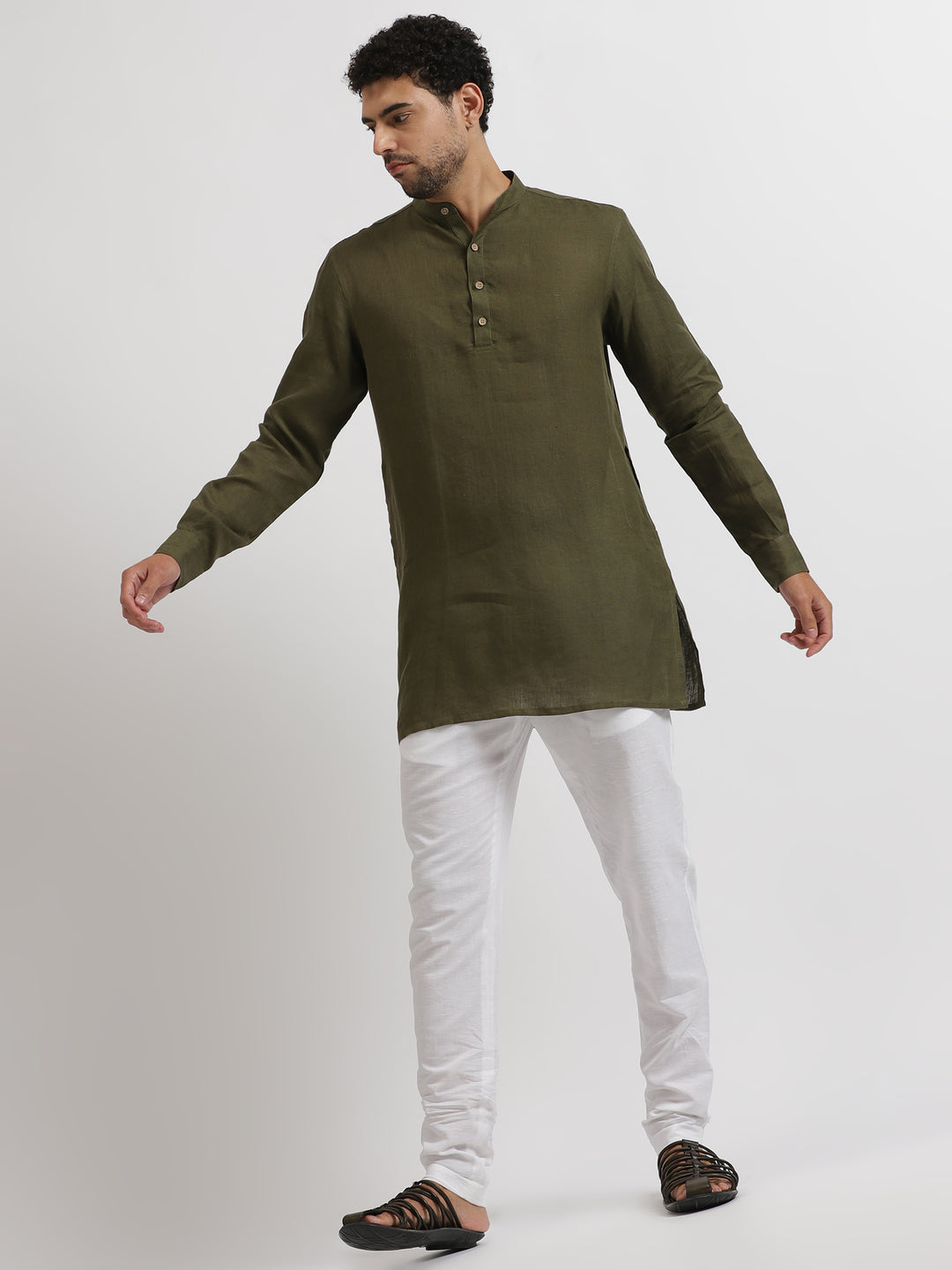 Parker - Full Sleeve Mandarin Collar Pure Linen Short Kurta - Moss Green