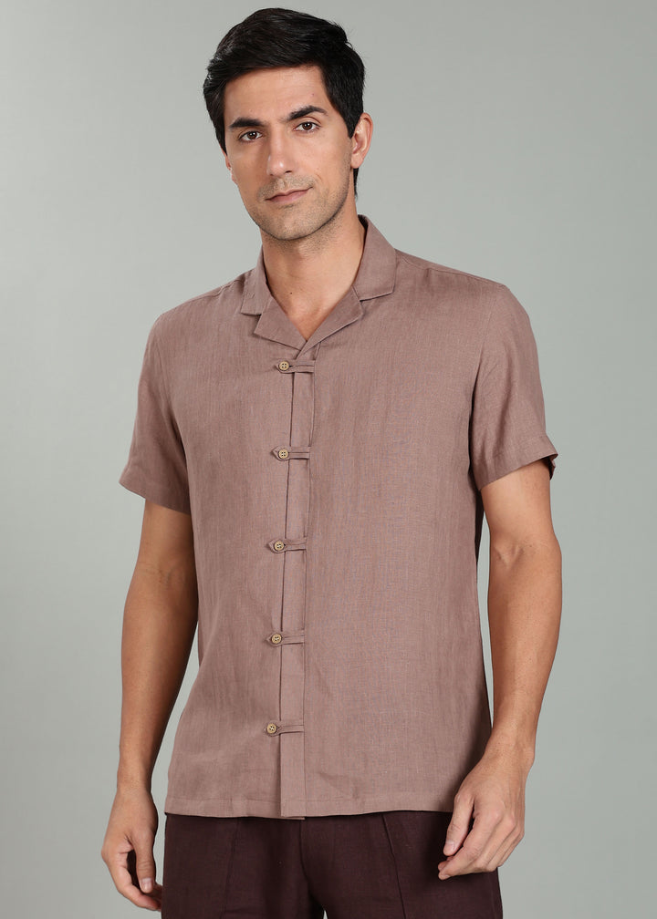Troy Shirt - Pure Linen Shirt with Cuban Collar and Loop Buttons - Toasted Brown