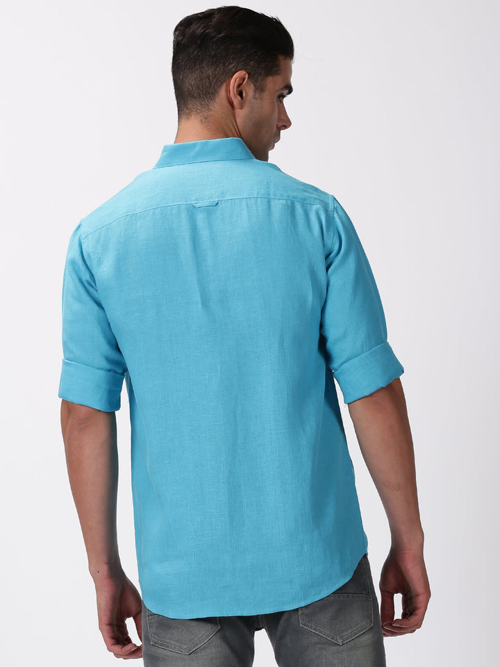 Kian - Pure Linen Regular Collar Full Sleeve Shirt - Aqua Blue | Rescue