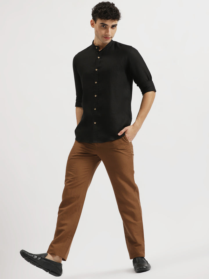 Ronan - Pure Linen Mandarin Collar Full Sleeve Shirt - Black