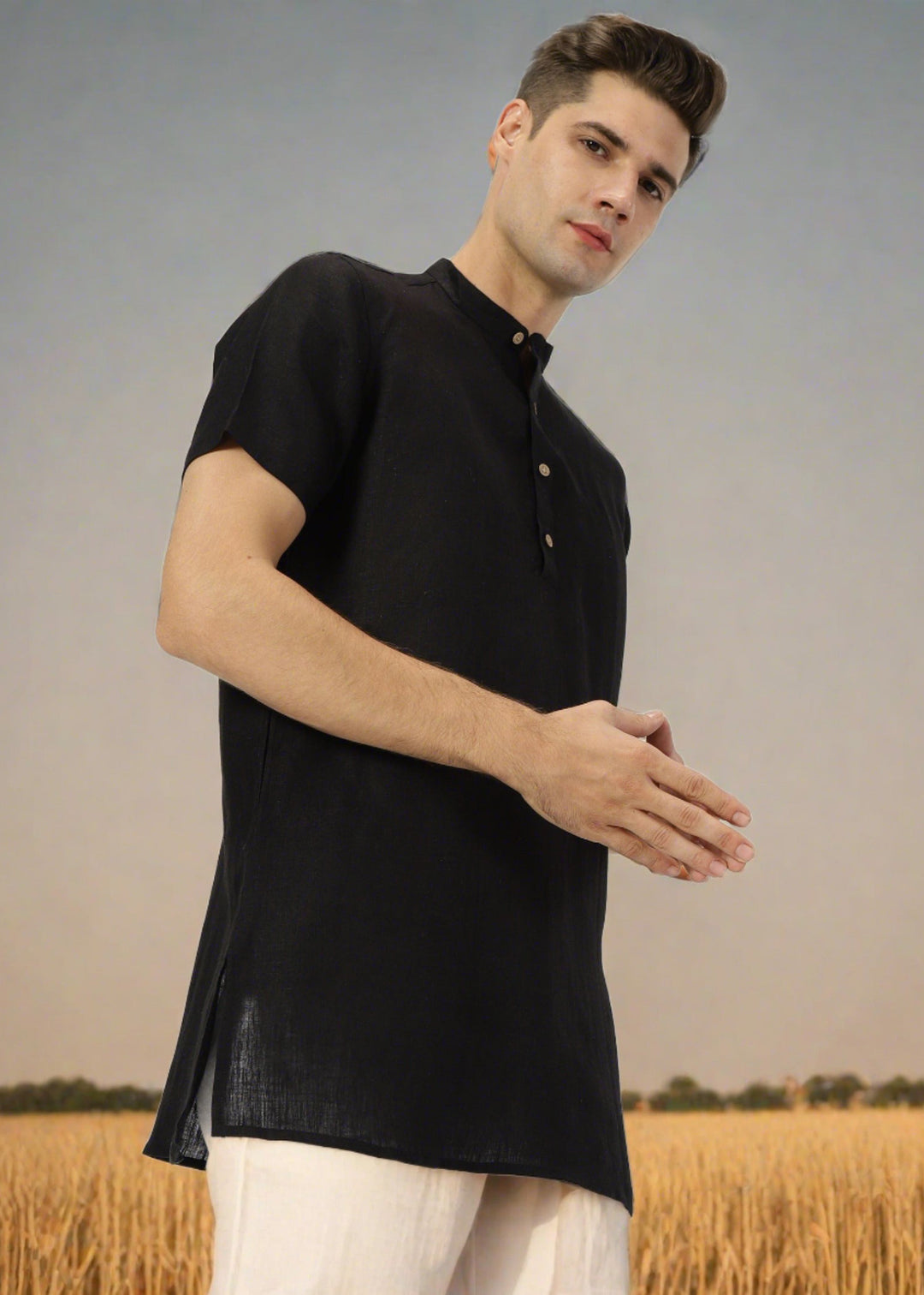 Ashok - Half Sleeve Mandarin Collar Pure Linen Short Kurta - Black