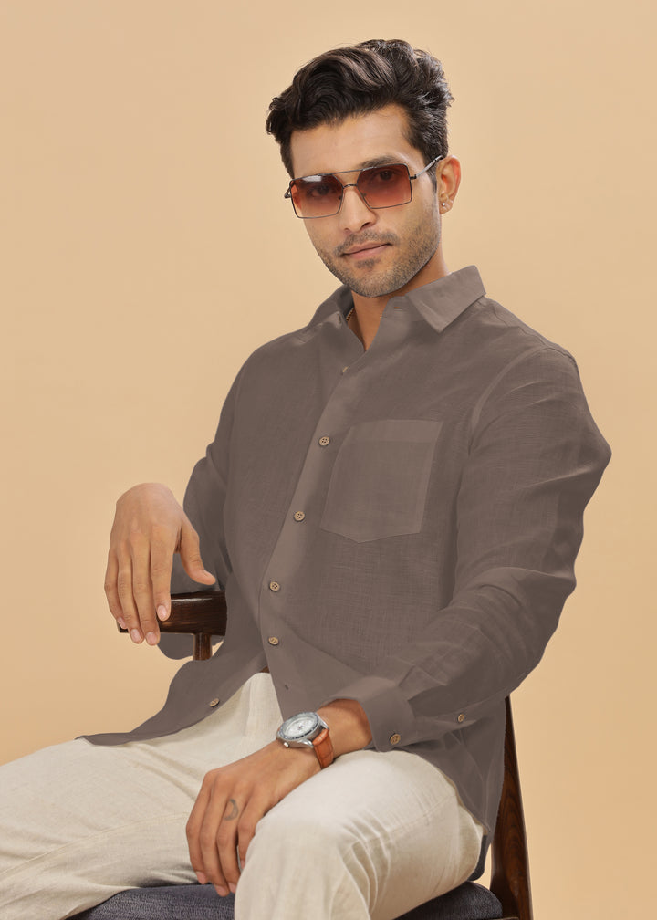 Ted - Pure Linen Full Sleeve Shirt - Toasted Brown