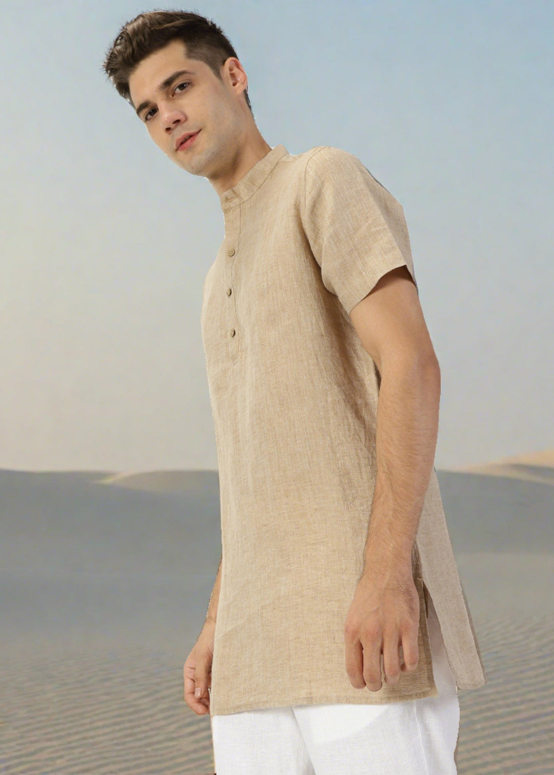 Ashok - Half Sleeve Mandarin Collar Pure Linen Short Kurta - Mocha