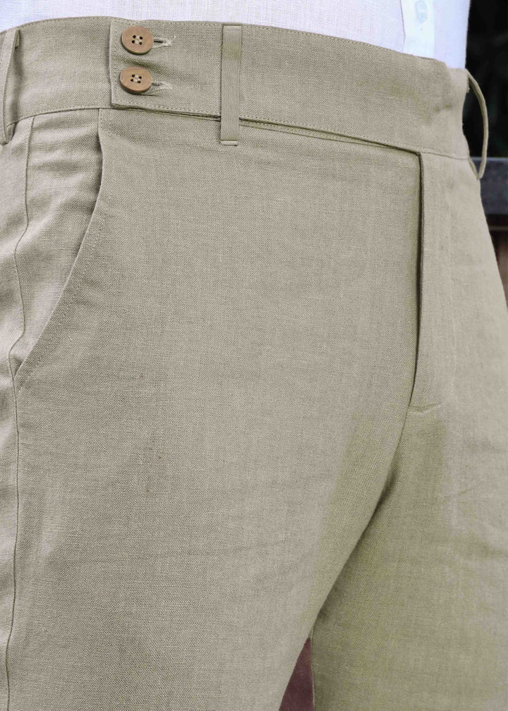 Brandon Double Button Broad Pure Linen Trousers - Artichoke Green