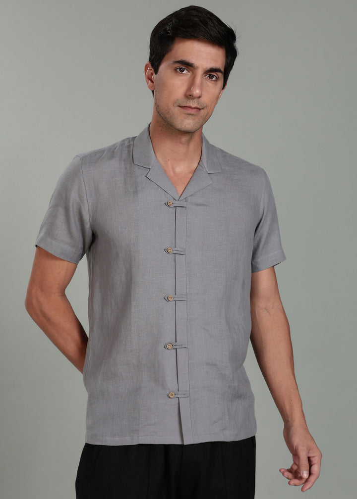Troy Shirt - Pure Linen Shirt with Cuban Collar and Loop Buttons - Slate Grey