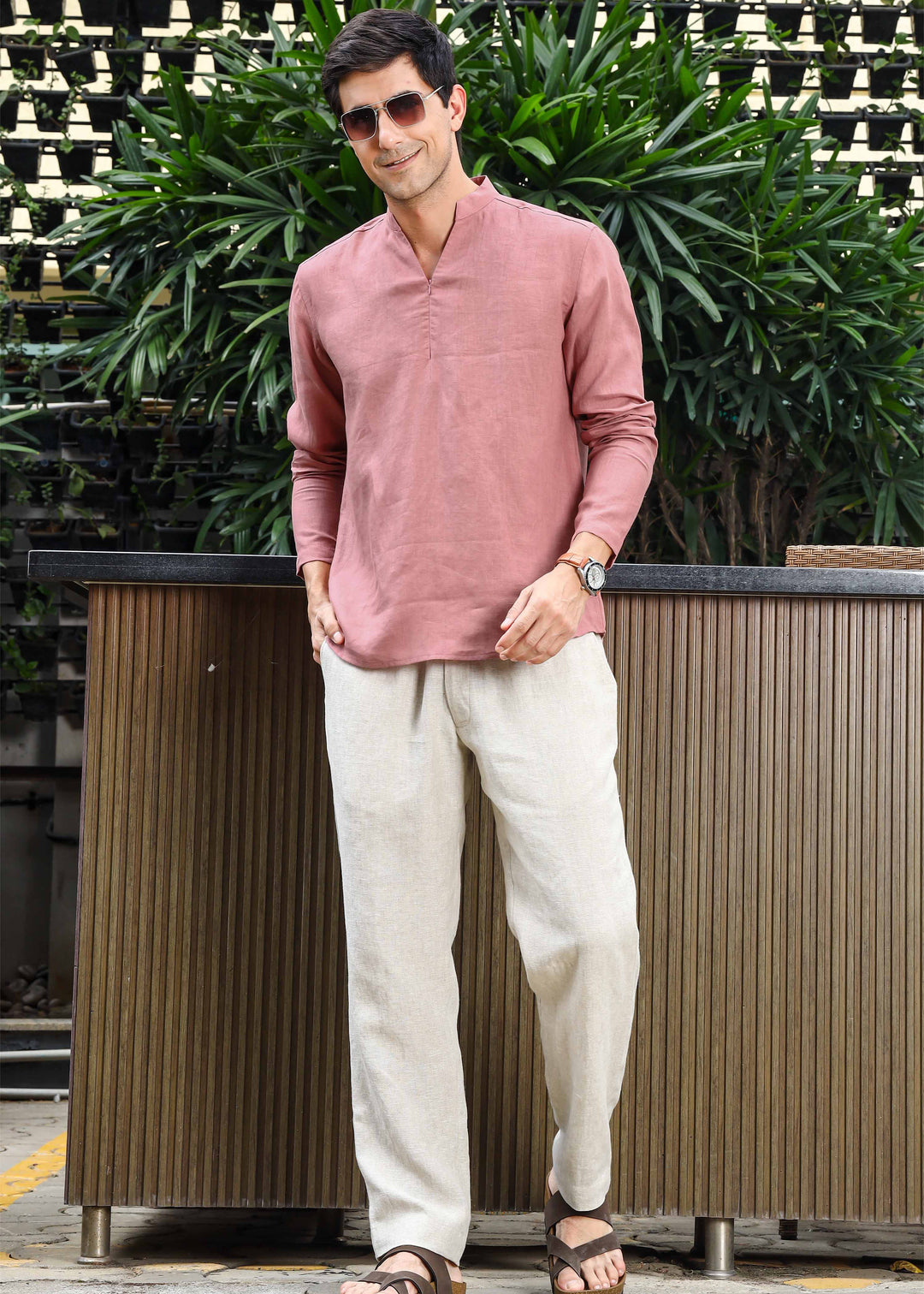 Arnav - Full Sleeve Broad-Notched Collar Pure Linen Short Kurta - Dusty Pink