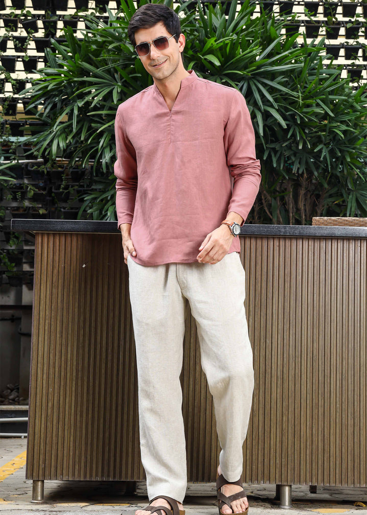 Arnav - Full Sleeve Broad-Notched Collar Pure Linen Short Kurta - Dusty Pink
