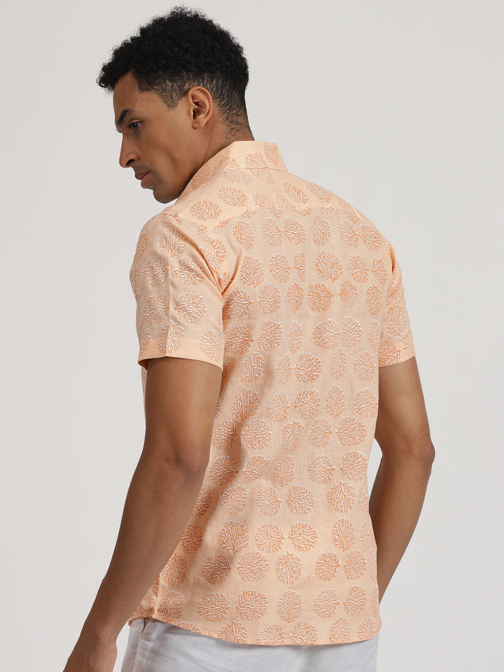 Rex - Pure Linen Hand Block Double Printed Short Sleeve Shirt - Sherbet Orange