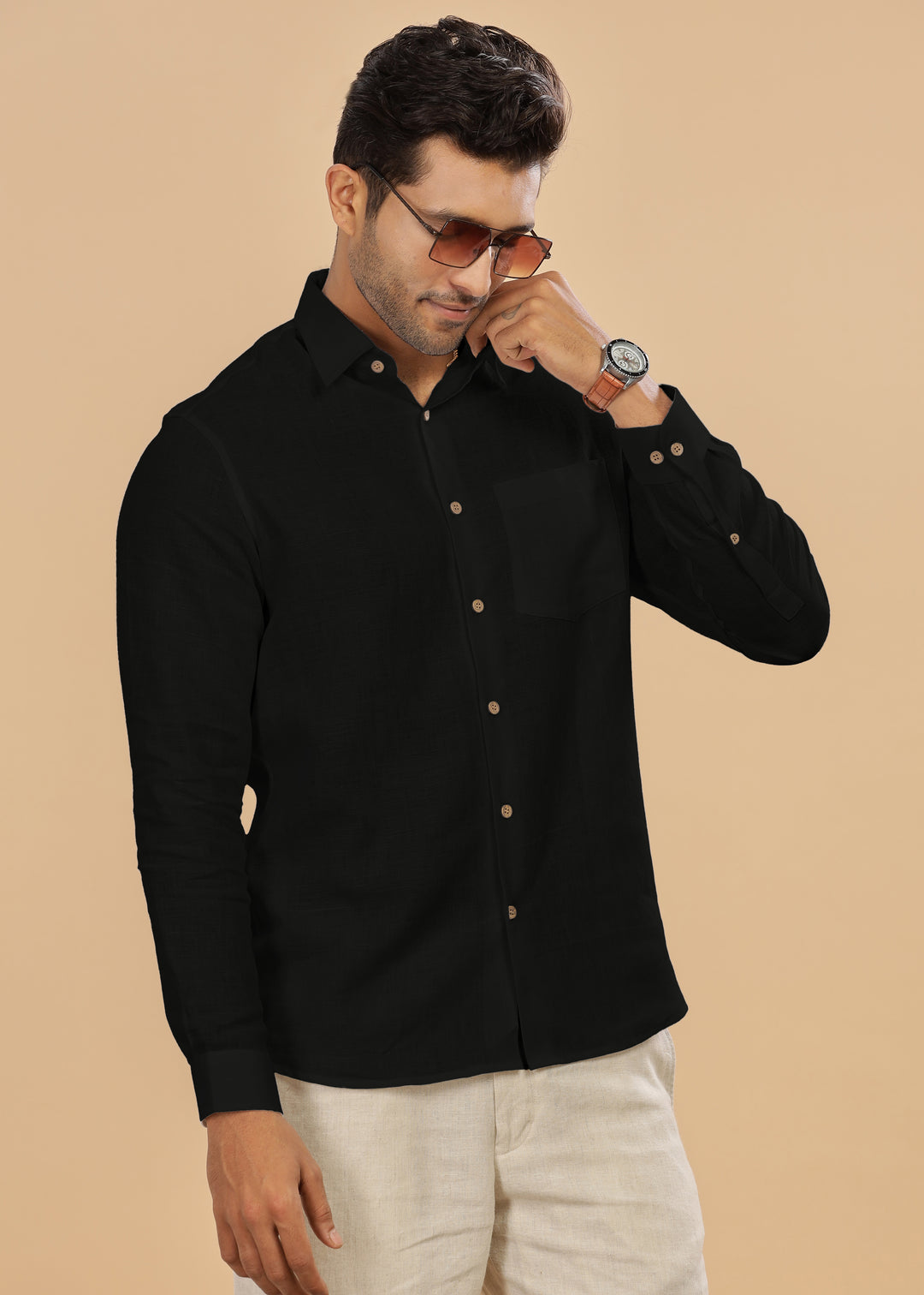 Ted - Pure Linen Full Sleeve Shirt - Black