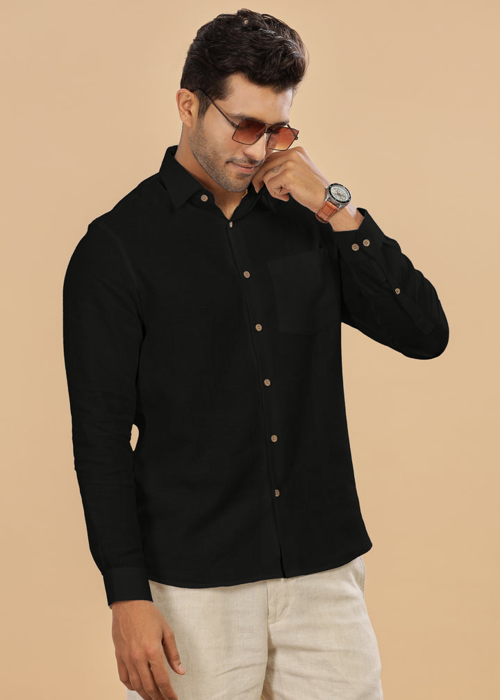 Ted - Pure Linen Full Sleeve Shirt - Black