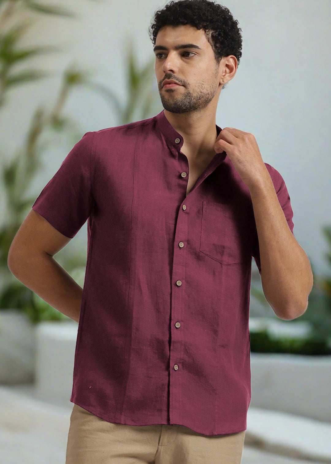 Trevor - Pure Linen Mandarin Collar Half Sleeve Shirt - Twilight Purple