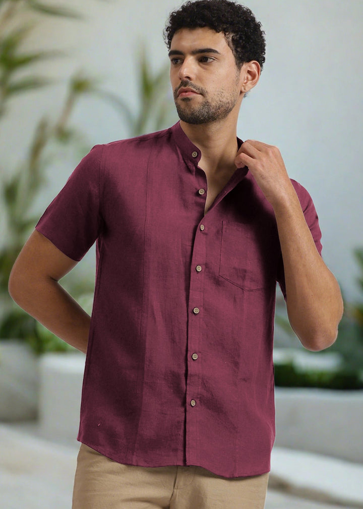 Trevor - Pure Linen Mandarin Collar Half Sleeve Shirt - Twilight Purple