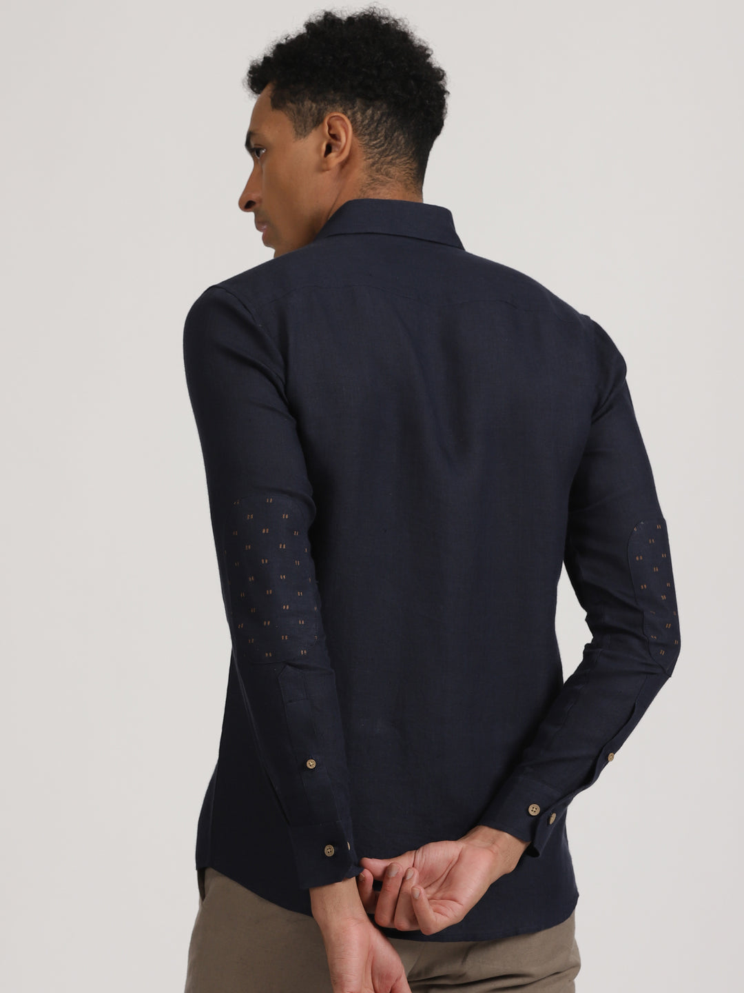 Ryker - Pure Linen Block Printed Dobby Full Sleeve Shirt - Dark Blue
