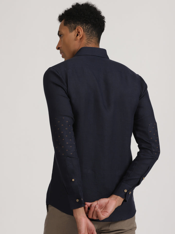 Ryker - Pure Linen Block Printed Dobby Full Sleeve Shirt - Dark Blue